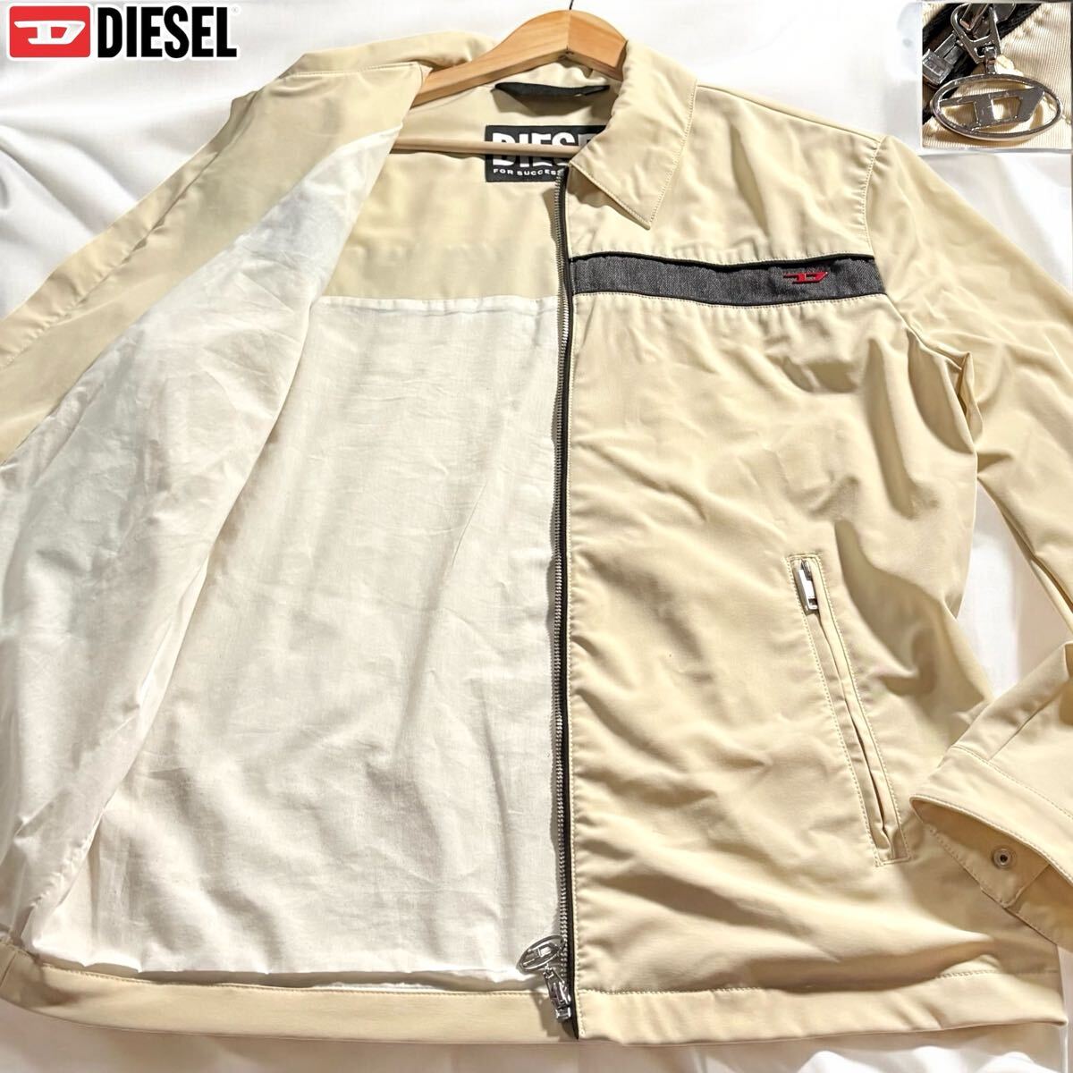 極美品/XLサイズ相當●現(xiàn)行タグ DIESEL ディーゼル ストレッチ ナイロン ライダース ジャケット Dロゴチャーム 胸元Dロゴ デニムライン