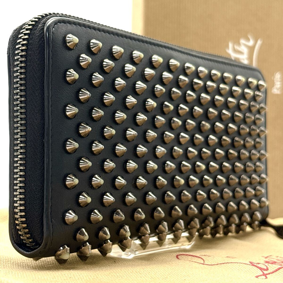 極美品◆Christian Louboutin クリスチャンルブタン 長財布 ロングウォレット スタッズ スパイク パネトーネ ブラック シルバー メンズ