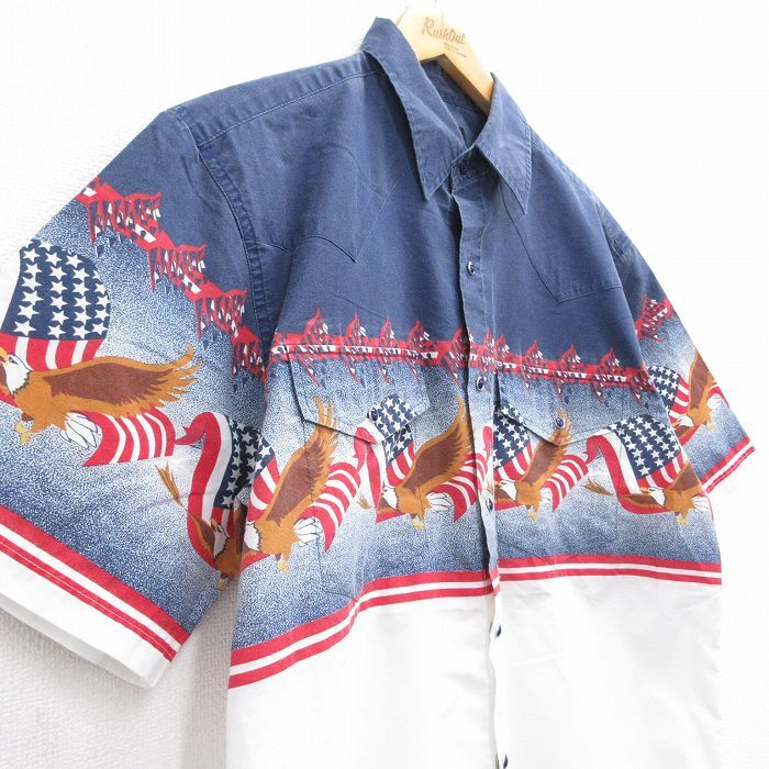 L/古著 半袖 ウエスタン シャツ メンズ 鳥 星條旗 ロング丈 紺他 ネイビー 25may09 中古 トップス
