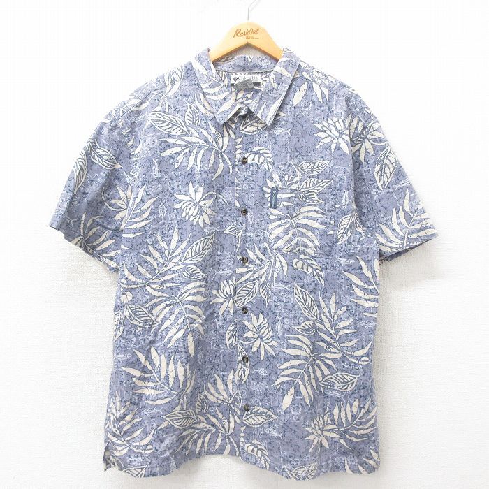 XL/古著 コロンビア 半袖 シャツ メンズ 00s 葉 大きいサイズ コットン 薄紺 ネイビー 25may12 中古 トップス