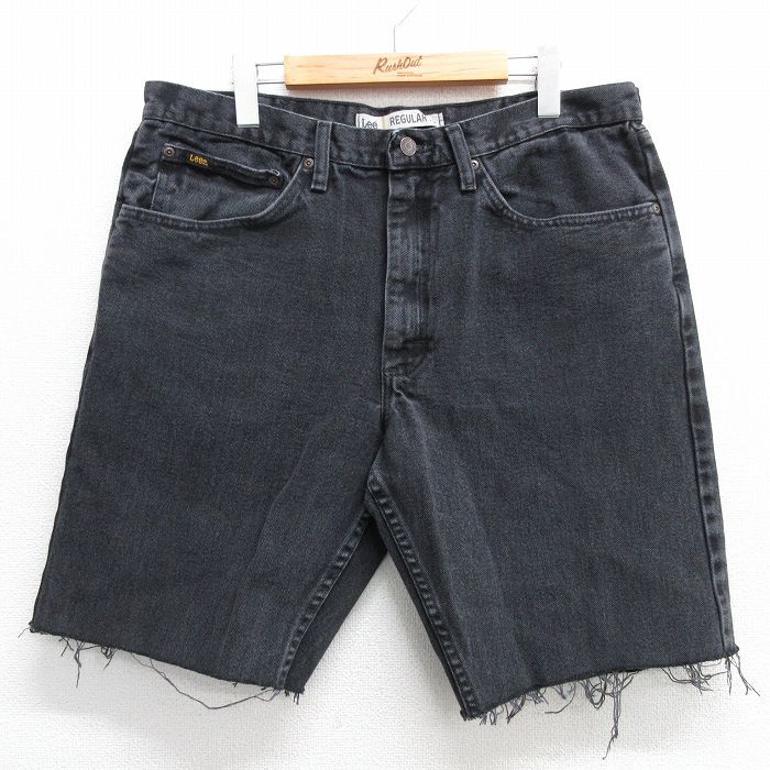 W38/古著 リー Lee ショート パンツ ショーツ メンズ コットン 黒 ブラック デニム 25may16 中古 ボトムス 短パン ショーパン ハーフ