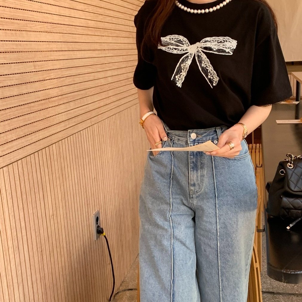 トップス Tシャツ レディース リボン 韓國(guó) フリー ブラック