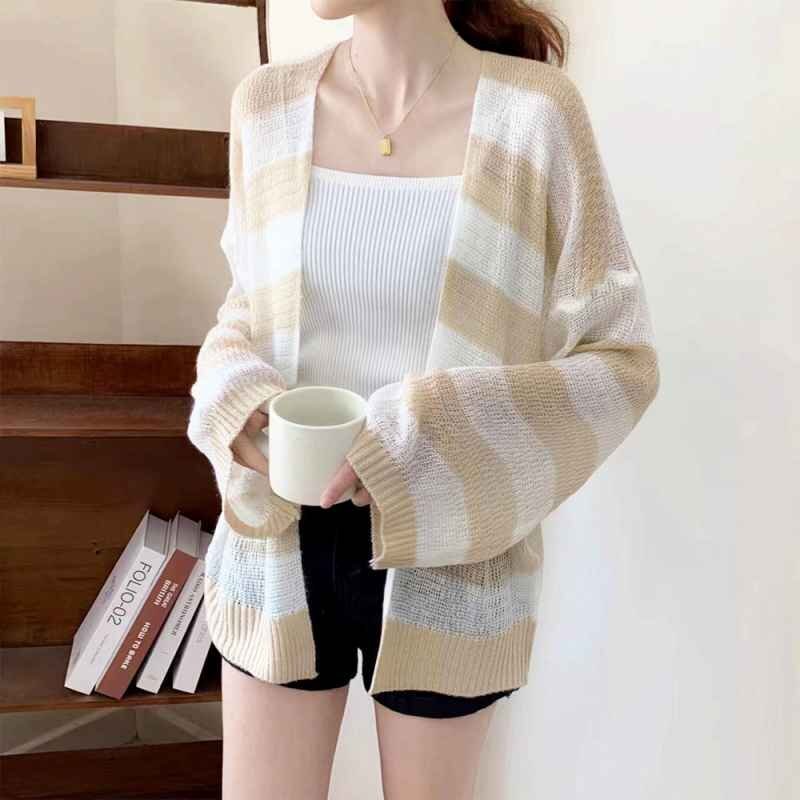 サマーニットカーディガン レディース長(zhǎng)袖 ニット羽織り 透け編み ボーダー柄ボレロカーデ ワンサイズ ミントグリーン