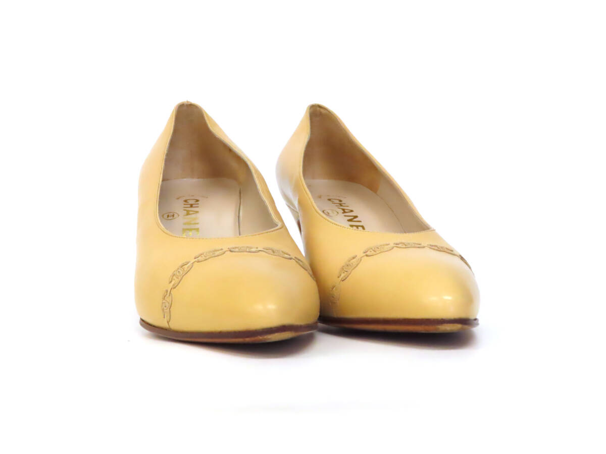 22800 美品 CHANEL シャネル ココマーク ライン アーモンドトゥ レザー パンプス ハイヒール シューズ 靴 size37.5 ベージュ イタリア制