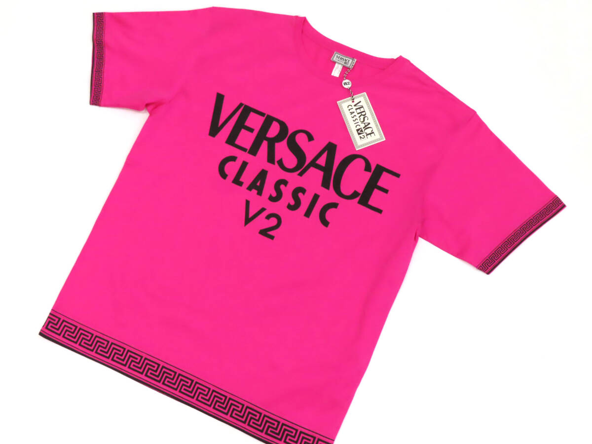 25471 新品未使用 VERSACE ヴェルサーチ 英字ロゴ プリント オーバーサイズ コットン 半袖 Tシャツ M ピンク メンズ 伊製 ヴィンテージ_画像5