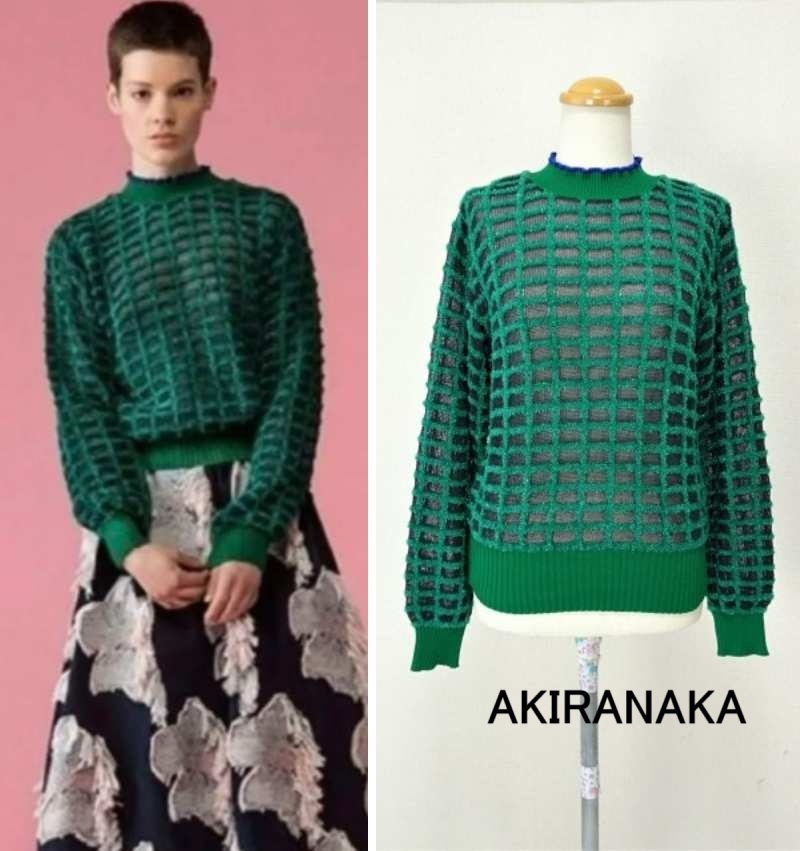 極美品【AKIRANAKA｜アキラナカ】定価4萬6千円 シアーチェック柄 ハイネックニット ラメニットトップス 黒×緑 38
