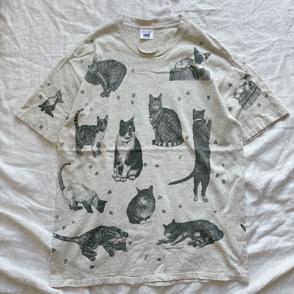 90s USA制 貓 総柄 シングルステッチTシャツ 両面プリント 大判プリント オールオーバープリント AOP CAT XL 