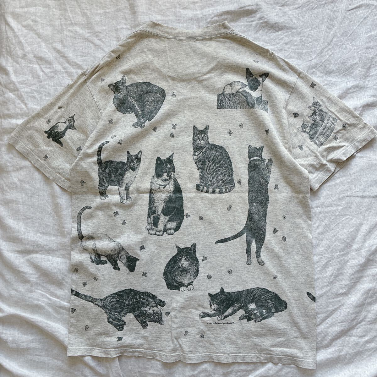 90s USA制 貓 総柄 シングルステッチTシャツ 両面プリント 大判プリント オールオーバープリント AOP CAT XL 