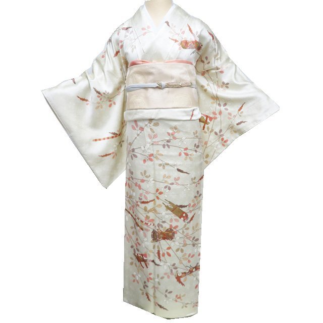 訪問着 着物 中古 正絹 袷 フォーマル 金駒刺繍 萩に楽器の図 女郎花色 多色 金 身丈162cm 裄68cm M きもの北條 A1187-4_画像1