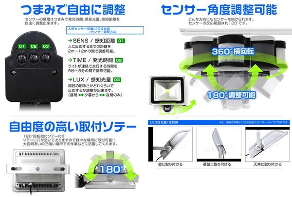 人感センサー付 LED投光器 晝光色 30W 300W相當 防犯 広角 防水