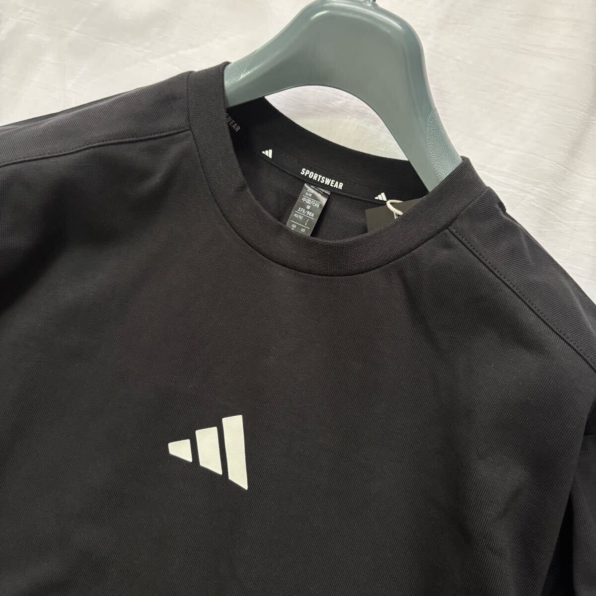 ◎536新品【メンズL】黒 春夏 adidas アディダス ゴルフに最適 背面BIGロゴ 厚手 クルーネック ワーディング 長袖 シャツ