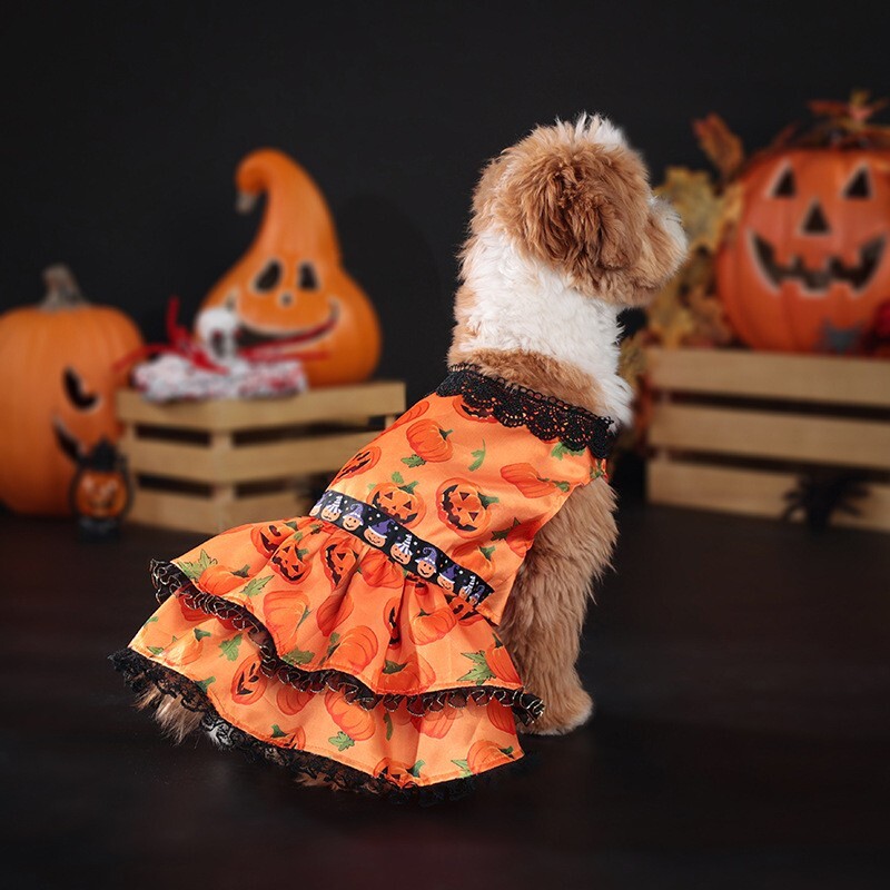 【100円スタート！】オレンジSサイズ◆犬服 ハロウィン ティアード かぼちゃ 薄手地 ワンピース パーティー イベント 上質(zhì) ドッグウェア