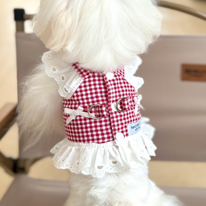 【100円スタート！】Mサイズ◆犬服 ハーネス Dカン付き りぼん キャミソール チェック柄 新品 ドッグウェア 新作 ペット用品 イベント服