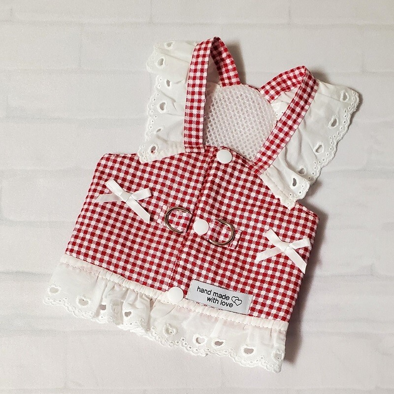 【100円スタート！】Mサイズ◆犬服 ハーネス Dカン付き りぼん キャミソール チェック柄 新品 ドッグウェア 新作 ペット用品 イベント服