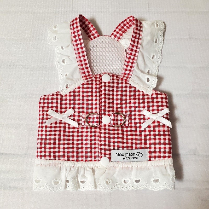 【100円スタート！】Mサイズ◆犬服 ハーネス Dカン付き りぼん キャミソール チェック柄 新品 ドッグウェア 新作 ペット用品 イベント服