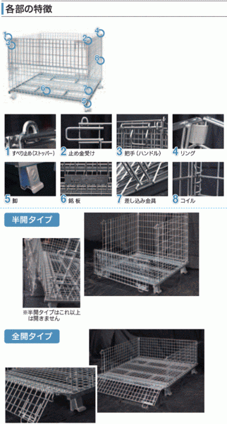 メッシュパレット サンキンパレット キャスター付 SC-14S 扉:全開(kāi) 運(yùn)搬車(chē) 軽量で強(qiáng)度抜群 折畳み可 亜鉛メッキ 荷重300Kg 鉄カゴ 網(wǎng)カゴ