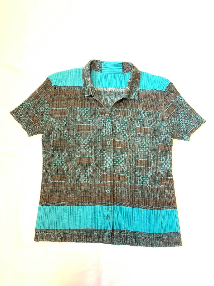 PLEATS PLEASE プリーツプリーズ　トップス　シャツ　ポロシャツ　ブルー　青　水色　ブラウン　茶色　アーカイブ archive tops