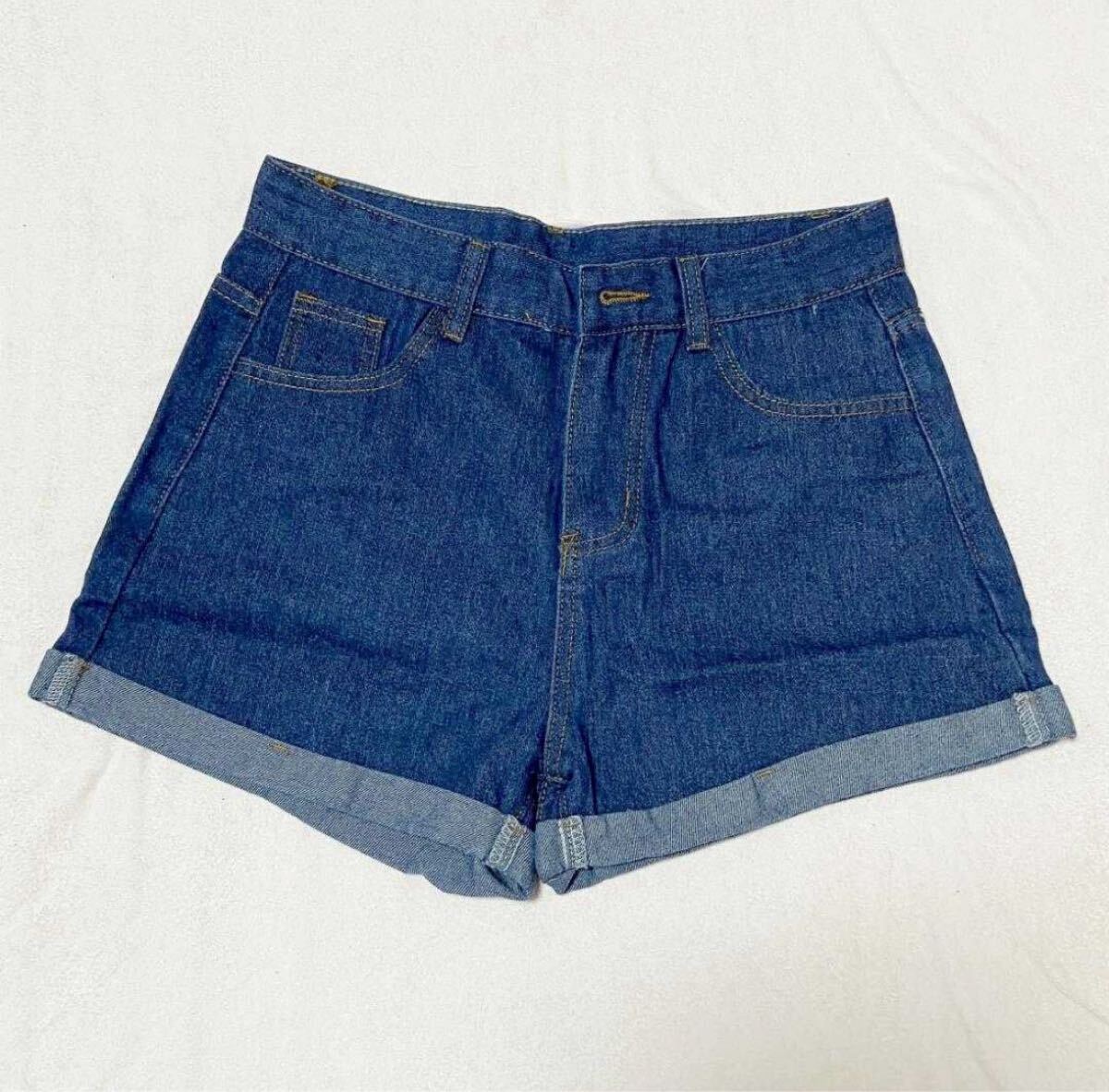 デニムショートパンツ XL ハイウエスト ホットパンツ ロールアップ ブルー