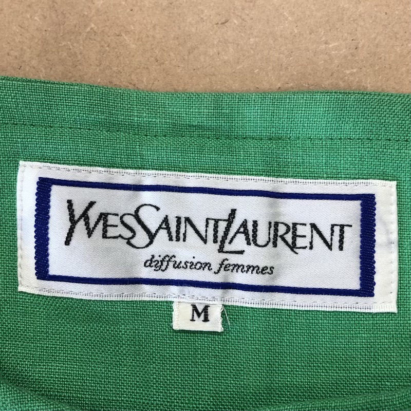 イヴサンローラン Yves Saint Laurent ジャケット 半袖 ボタン 肩パット サイドポケット 麻100％ 緑 Mサイズ 949841