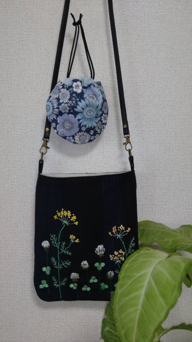 ハンドメイド?オンリーワンの手刺繍バック?久留米紬?ディル?ばら?シロツメクサ?手刺繍ショルダー/斜め掛けバック