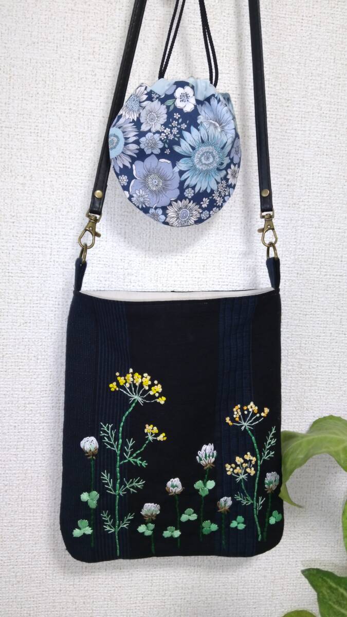 ハンドメイド?オンリーワンの手刺繍バック?久留米紬?ディル?ばら?シロツメクサ?手刺繍ショルダー/斜め掛けバック