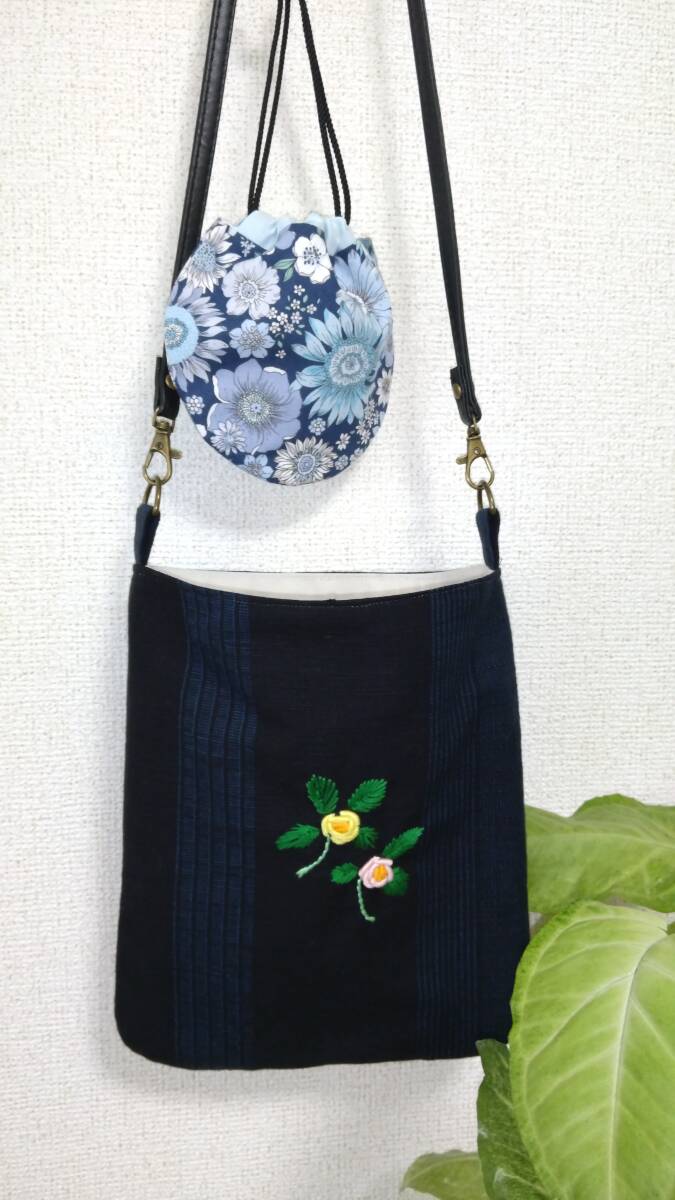 ハンドメイド?オンリーワンの手刺繍バック?久留米紬?ディル?ばら?シロツメクサ?手刺繍ショルダー/斜め掛けバック