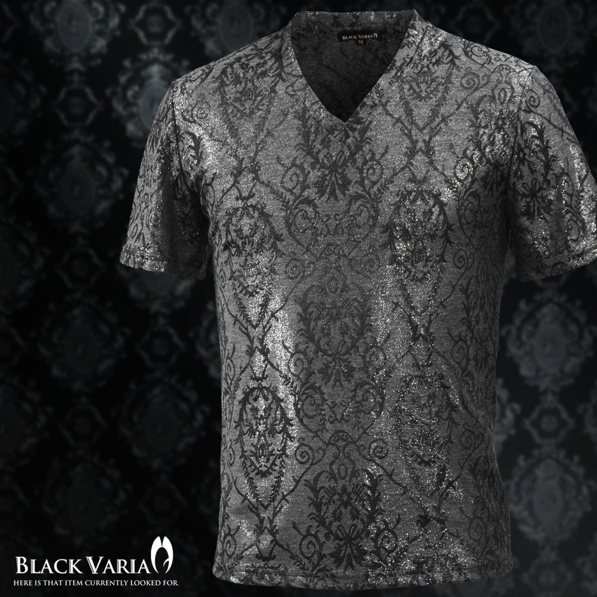 9#181304-sigy BLACK VARIA アラベスク柄 ラメ ジャガード織柄 光沢 半袖VネックTシャツ メンズ(シルバー銀グレー灰) LL バンド 舞臺 衣裳