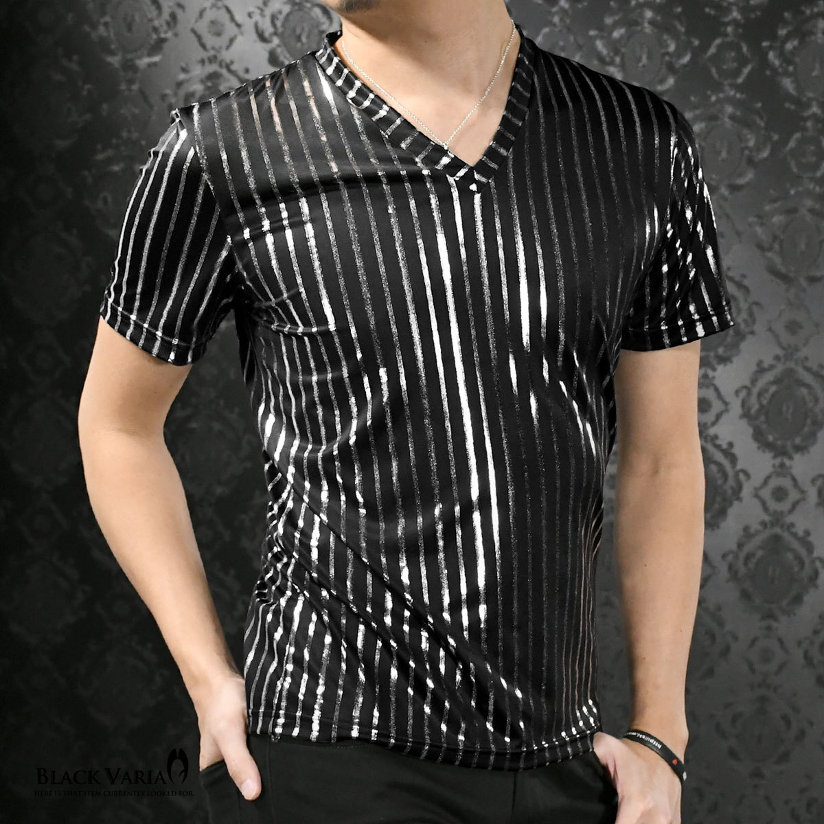 9#183705-bksi BLACK VARIA 箔ストライプ シルバー メタル光沢 ストレッチ 半袖VネックTシャツ メンズ(ブラック黒×銀) LL お灑落インナー