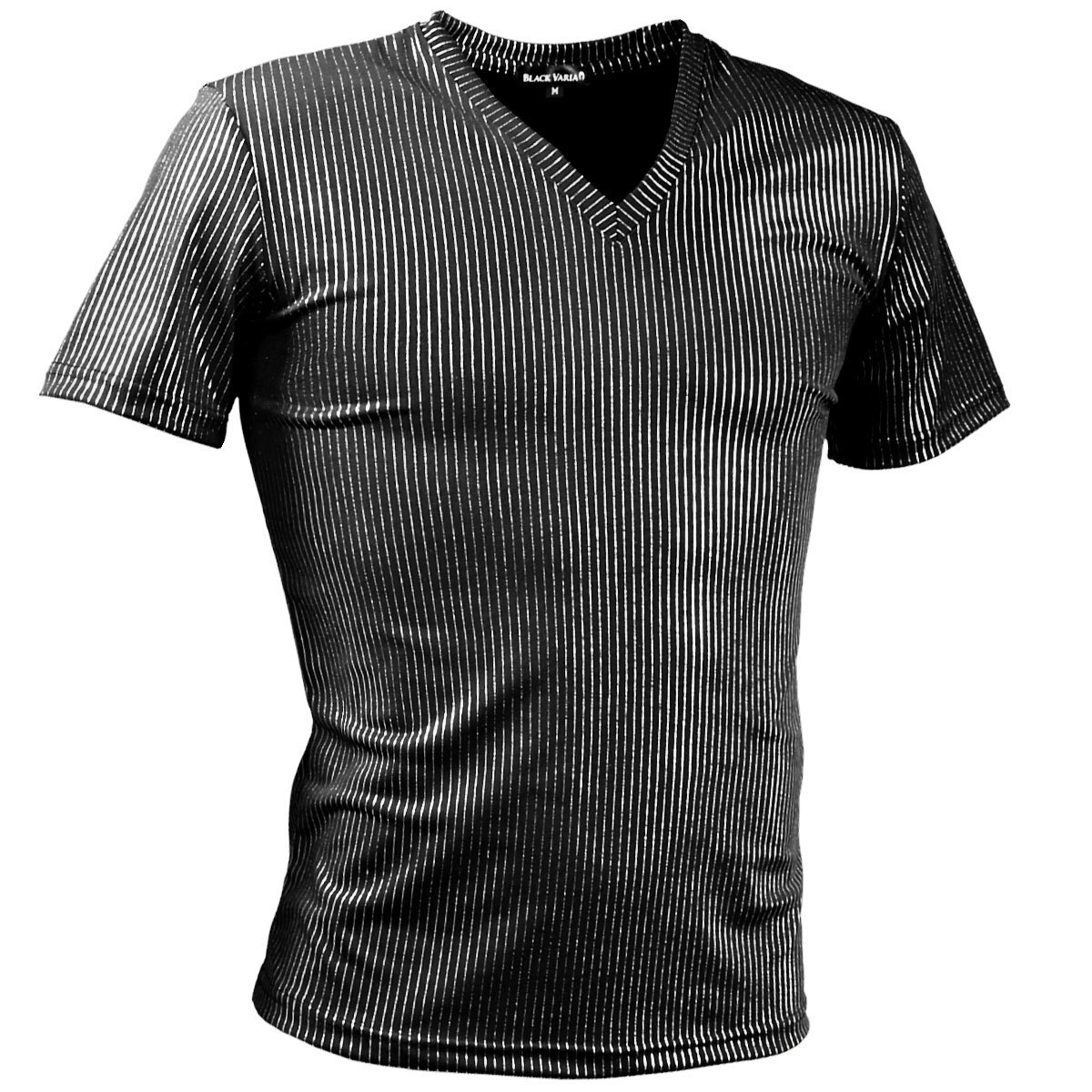 9#193213-sibk ブラックバリア ピンストライプ ラメ ストレッチ スリム 半袖 Vネック Tシャツ メンズ(黒?ライン シルバー) LL 衣裝 ライブ