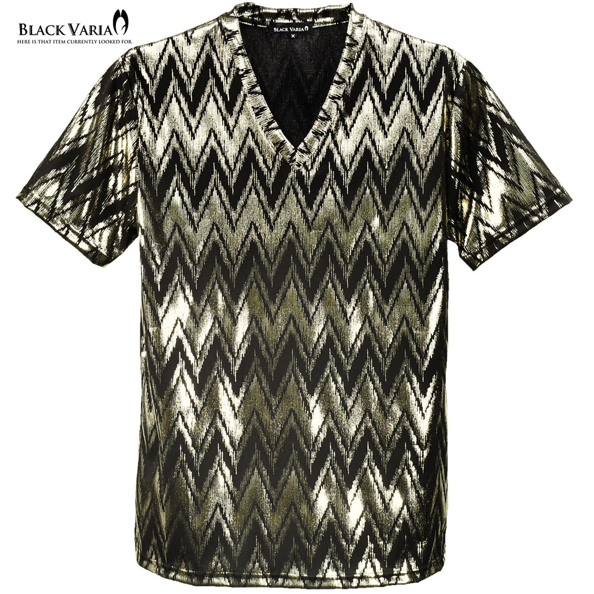 9#193202-gobk BLACK VARIA シェブロン柄 ジグザグ メンズ 日本制 細(xì)身 ラメ 半袖 Vネック Tシャツ(ゴールド金ブラック黒) XL キラキラ