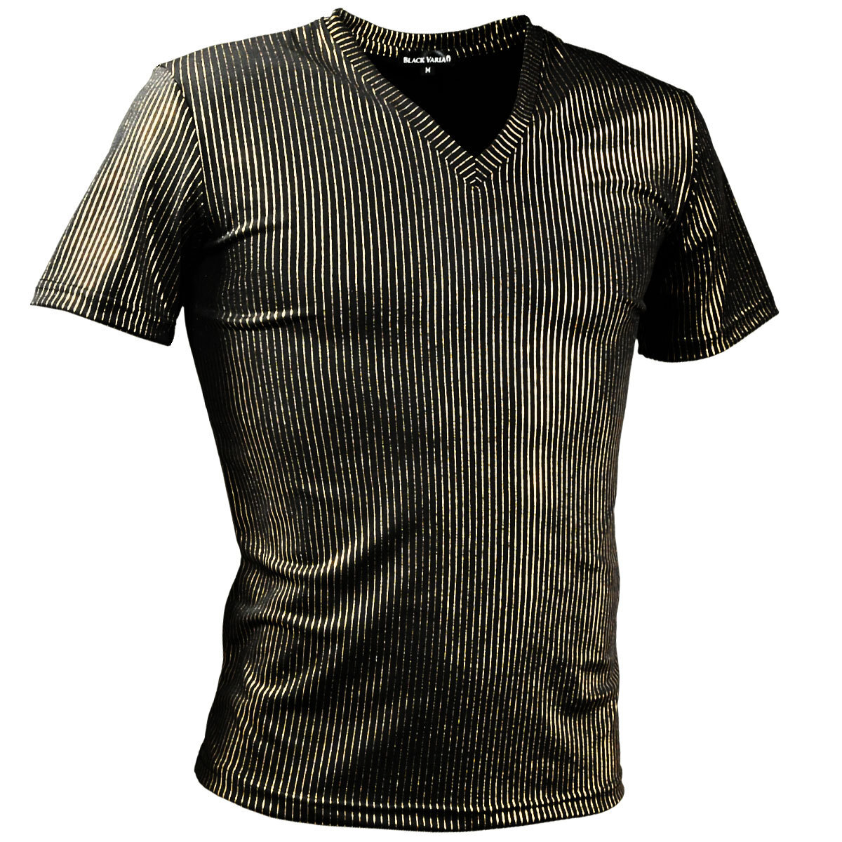 9#193213-gobk BLACK VARIA ピンストライプ ラメ ストレッチ 半袖 Vネック Tシャツ メンズ(ブラック黒?ライン金ゴールド) XL ダンス 舞臺(tái)