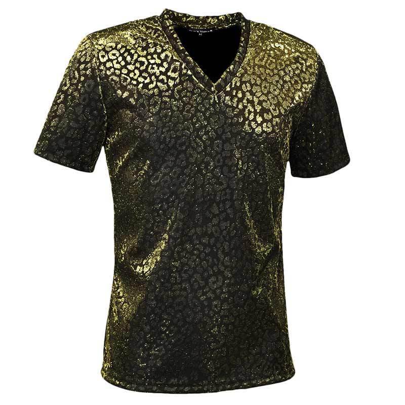 9#181320-go BLACK VARIA леопард . мужской ламе Leopard общий рисунок глянец короткий рукав V шея футболка ( Gold золотой ) L автомобиль i колено van Drive 