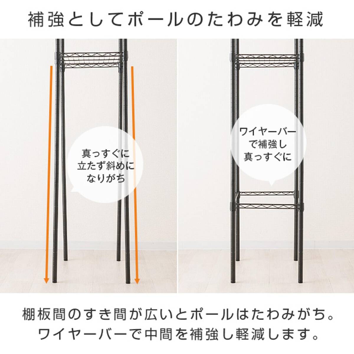 ドウシシャ ルミナス ノワール スチールラック 補強追加パーツ コの字バー ワイヤーバー 黒 幅61×奥行41cm NOKWB-6040 ポール_画像5