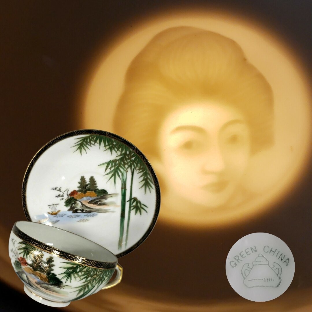 カップ＆ソーサー 透かし女性像 GREEN CHINA 芸者 箱なし 金彩 水墨画デザイン 竹 帆掛け船 輸出用陶磁器 アンティーク レトロ 【60e2601】_画像1