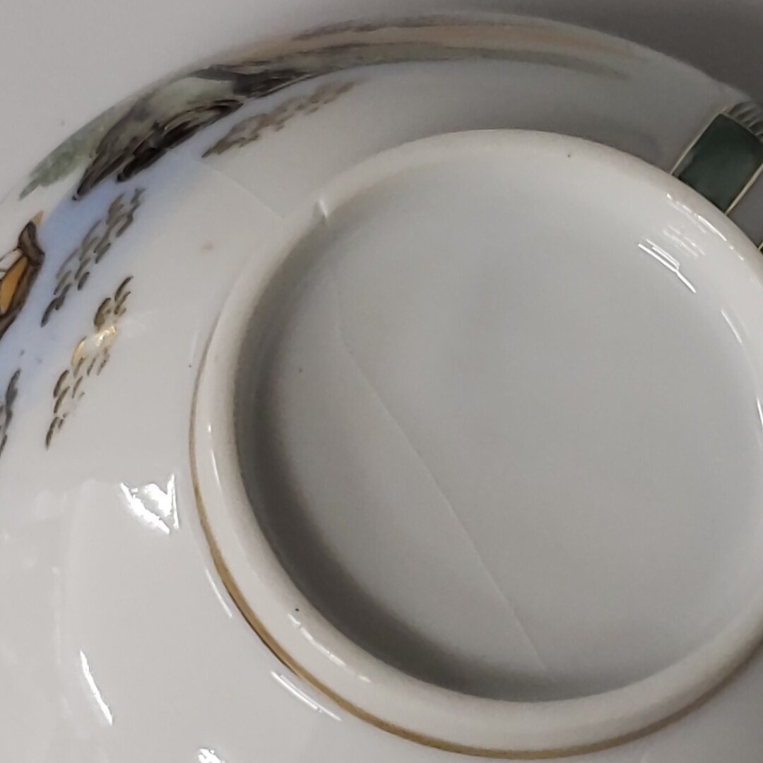 カップ＆ソーサー 透かし女性像 GREEN CHINA 芸者 箱なし 金彩 水墨画デザイン 竹 帆掛け船 輸出用陶磁器 アンティーク レトロ 【60e2601】_画像9