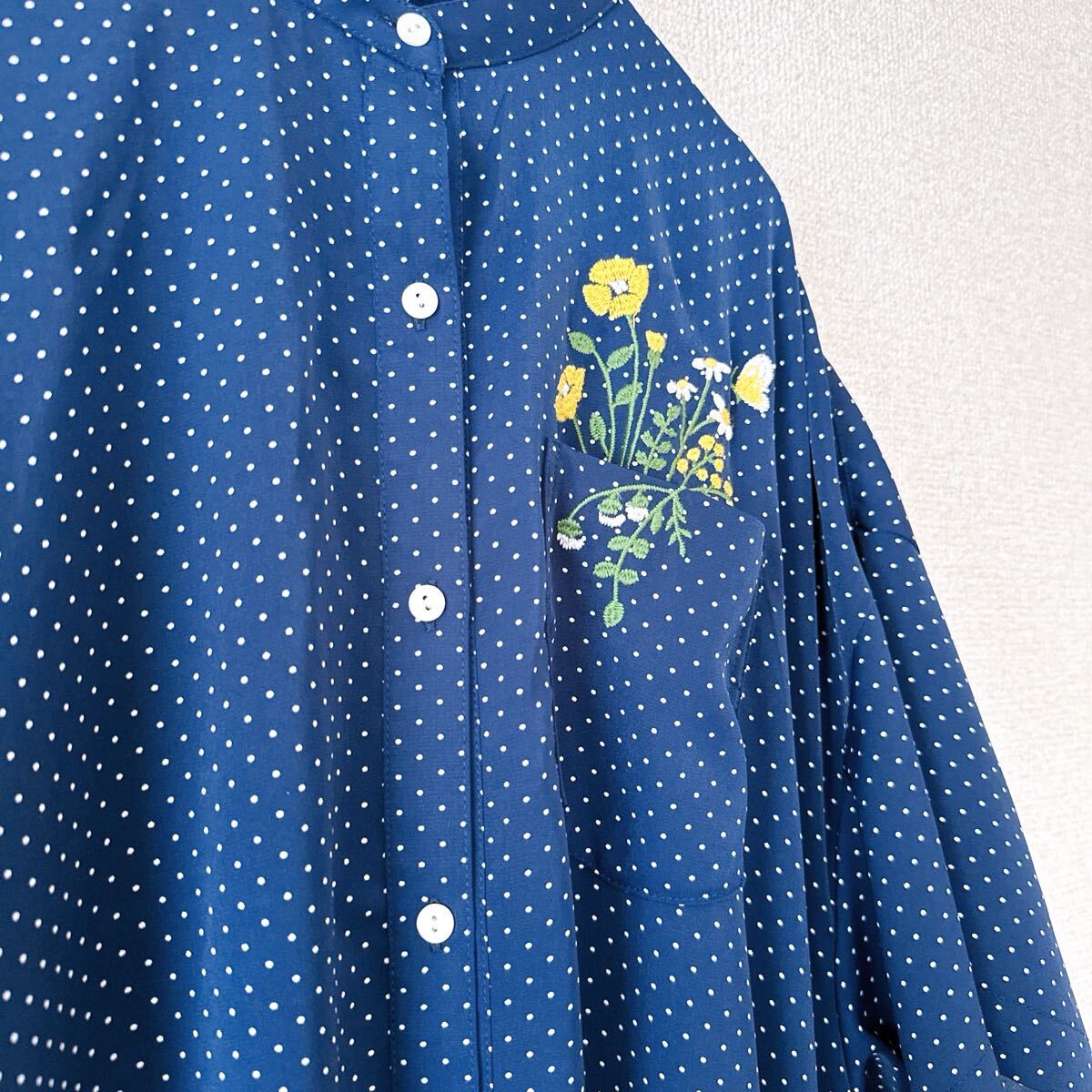 マーブルシュッド　フラワー　刺繍　ドット　水玉　ワンピース　ネイビー marble SUD