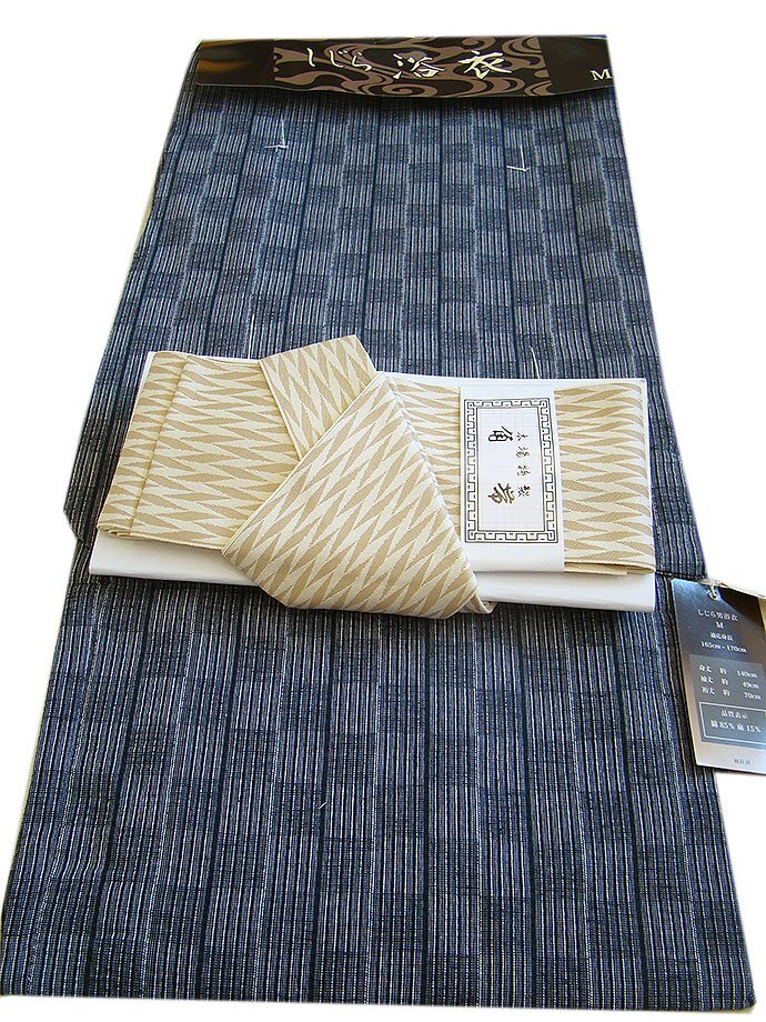 時代屋 裄70ｃｍ 新品 男性用 M寸 麻混しじら織 浴衣 便利帯 ２點 セット 未使用 165ｃｍ～170ｃｍ U106