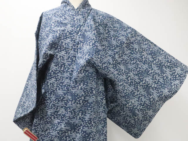 《京都一輝堂》【著物】浴衣 昭和レトロ 扇子?花?植物文 身丈約143cm 裄丈約64cm r7z05-491