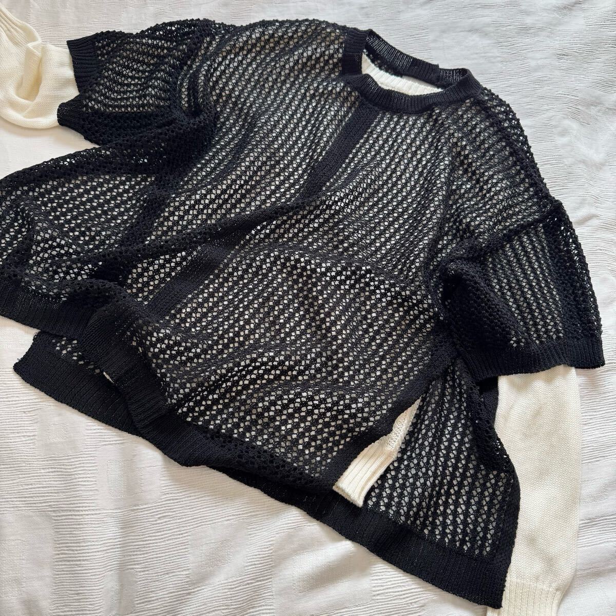 【美品】LOWRYS FARM ローリーズファーム◆ゆったり オーバーサイズ 透かし編み かぎ編み 半袖 サマーニット セーター sizeF/黒 y25050601