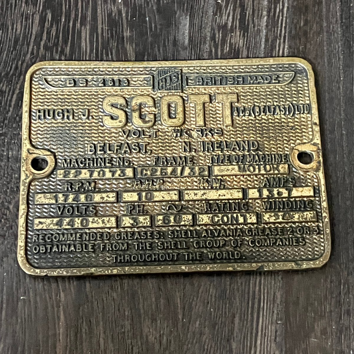Hugh J. Scott　船舶用マリンジェネレーター　プレート　ヴィンテージ　北アイルランド Hugh J. Scott 船舶用マリンジェネレーター プレート