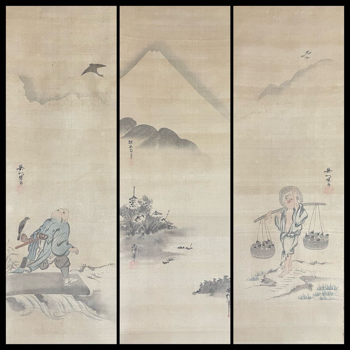 真作】【仙】狩野探幽 狩野尚信 狩野安信 英一蝶 合作「富士峯