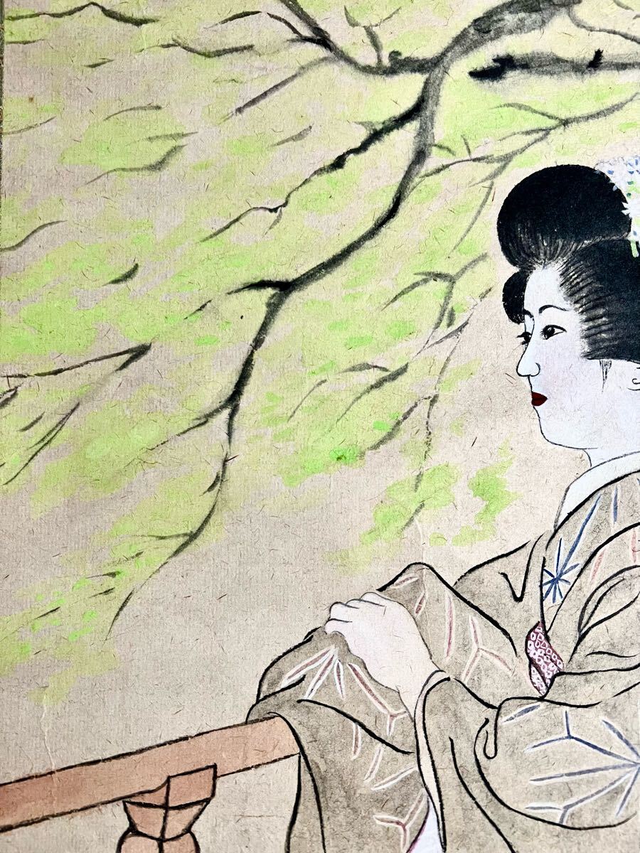 真作】【仙】山川秀峰「新緑」紙本 肉筆 合箱 美人画 人物画