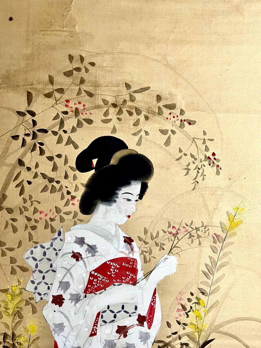 真作】【S8】伊藤渓水「秋の日」絹本 肉筆 合箱 美人画 絵画