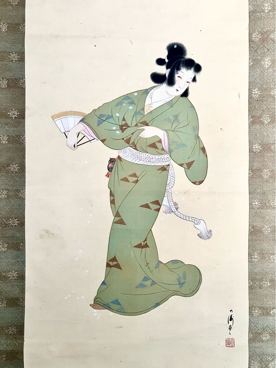 閑】明治期 高谷篁甫筆 『園窓美人画』肉筆絹本掛軸真作