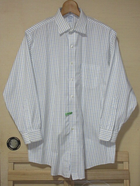 Brooks Brothers　ブルックスブラザーズ　長(zhǎng)袖ワイドスプレッドシャツ　17 1/2-6/7　ホワイト/ブルー系グリーン系チェック　綿100% クリ済!