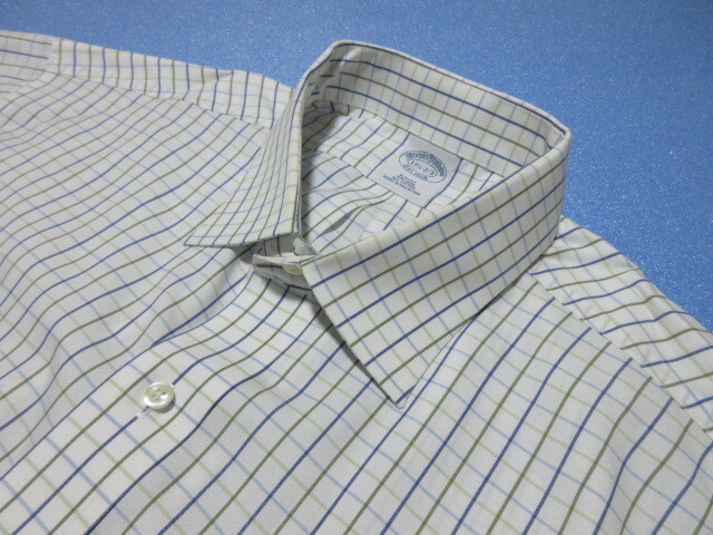 Brooks Brothers　ブルックスブラザーズ　長(zhǎng)袖ワイドスプレッドシャツ　17 1/2-6/7　ホワイト/ブルー系グリーン系チェック　綿100% クリ済!