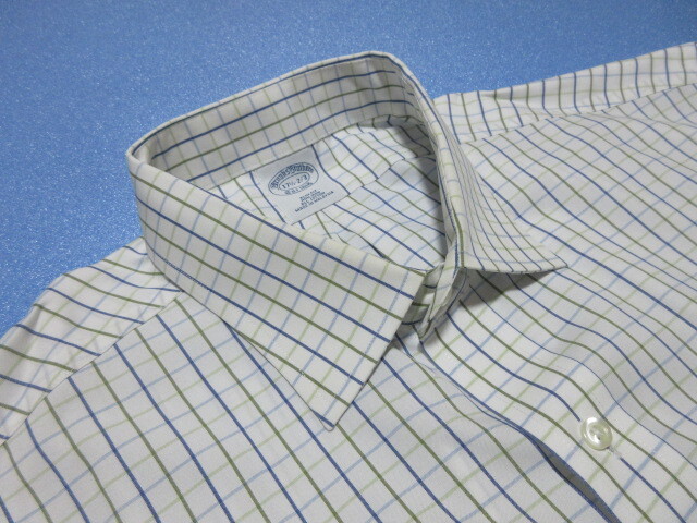 Brooks Brothers　ブルックスブラザーズ　長(zhǎng)袖ワイドスプレッドシャツ　17 1/2-6/7　ホワイト/ブルー系グリーン系チェック　綿100% クリ済!