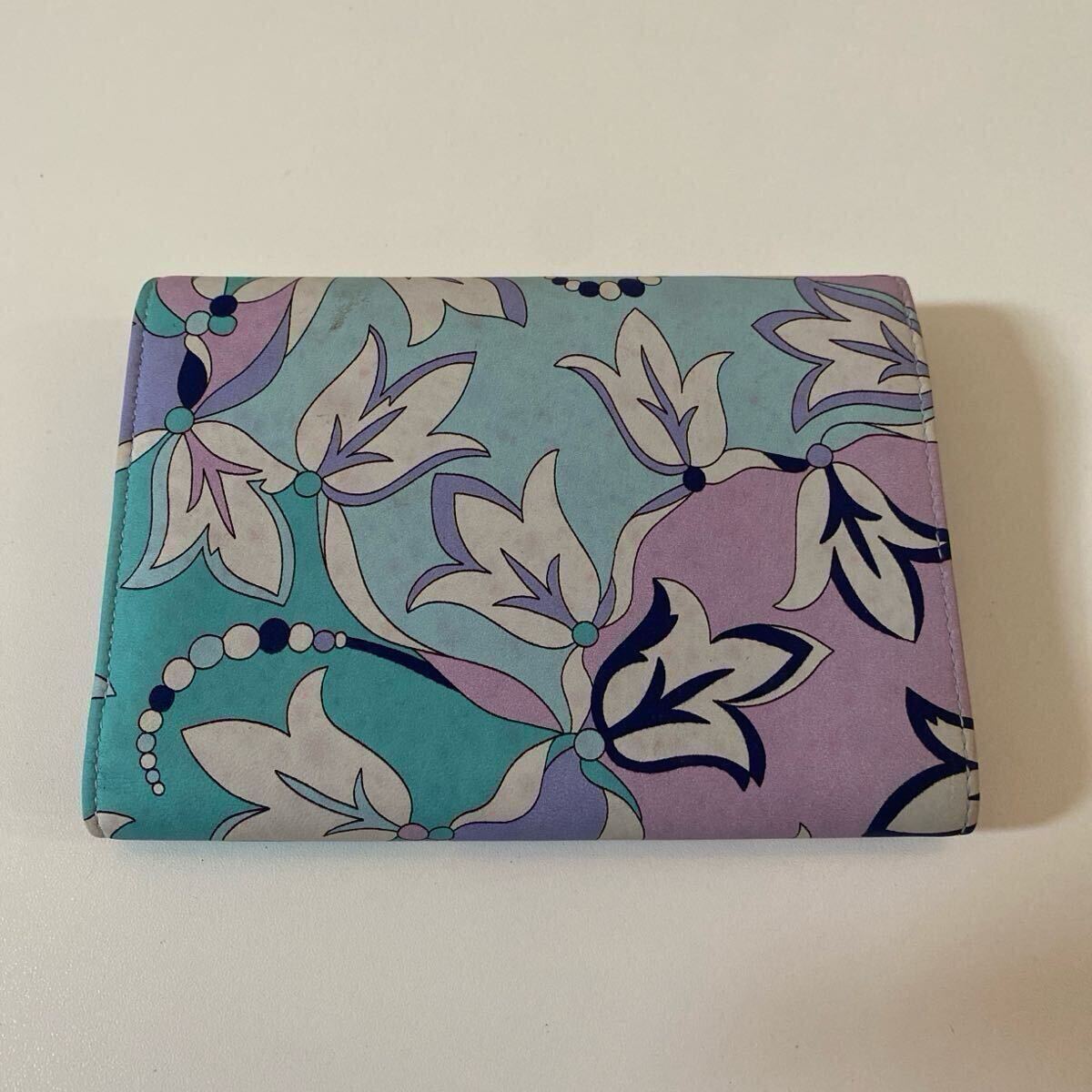 ◆NO.250423◆ EMILIO PUCCI エミリオ プッチ 三つ折り 財(cái)布 水色 ラベンダー色 花柄 內(nèi)側(cè) カード×6 ポケット×3 お札入れ×1 小銭入れ×1