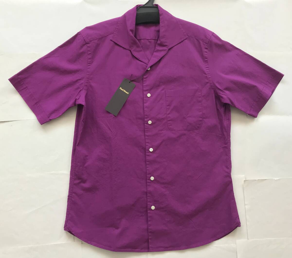新品19,800円★コットン リネン★Paul Stuart ポールスチュアート★sizeL★春夏半袖ドレスシャツ★家庭洗濯可★イタリアンカラー★パープル_画像1