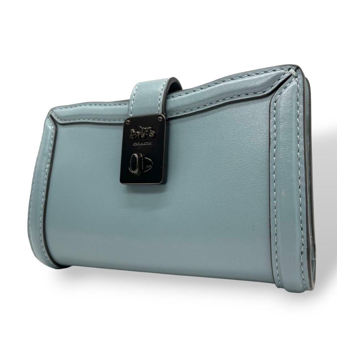 美品　コーチ　三つ折り財(cái)布　青　レザー　ターンロック　財(cái)布　COACH　w4